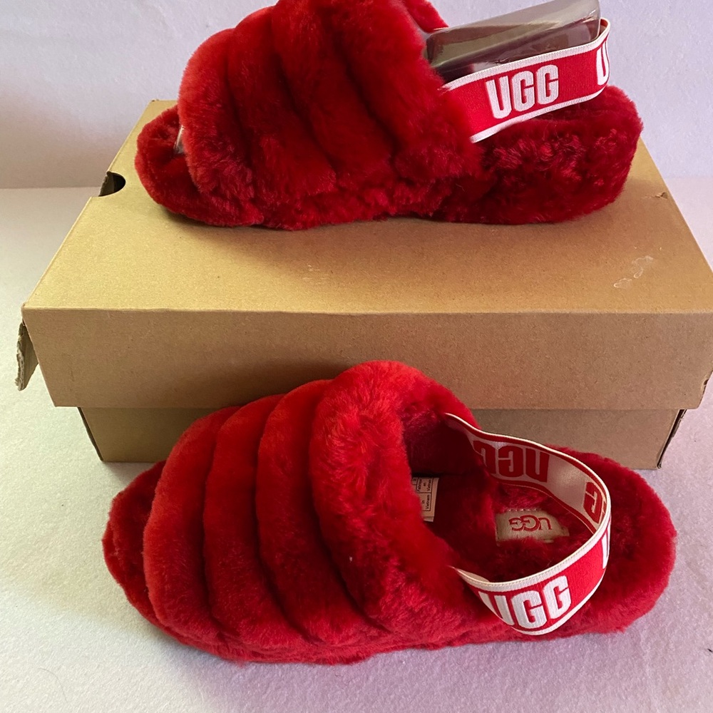 UGG Red Plush Slippers with Slingback Strap